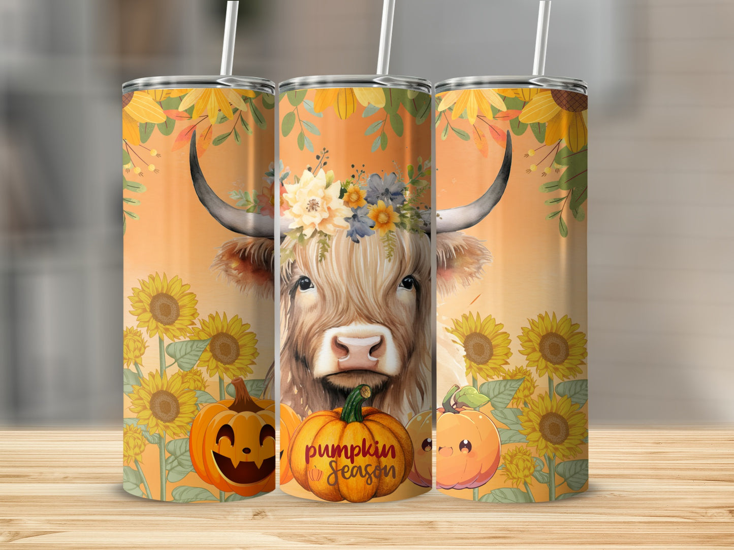 Floral Cow and Pumpkin Season Sunflower Tumbler