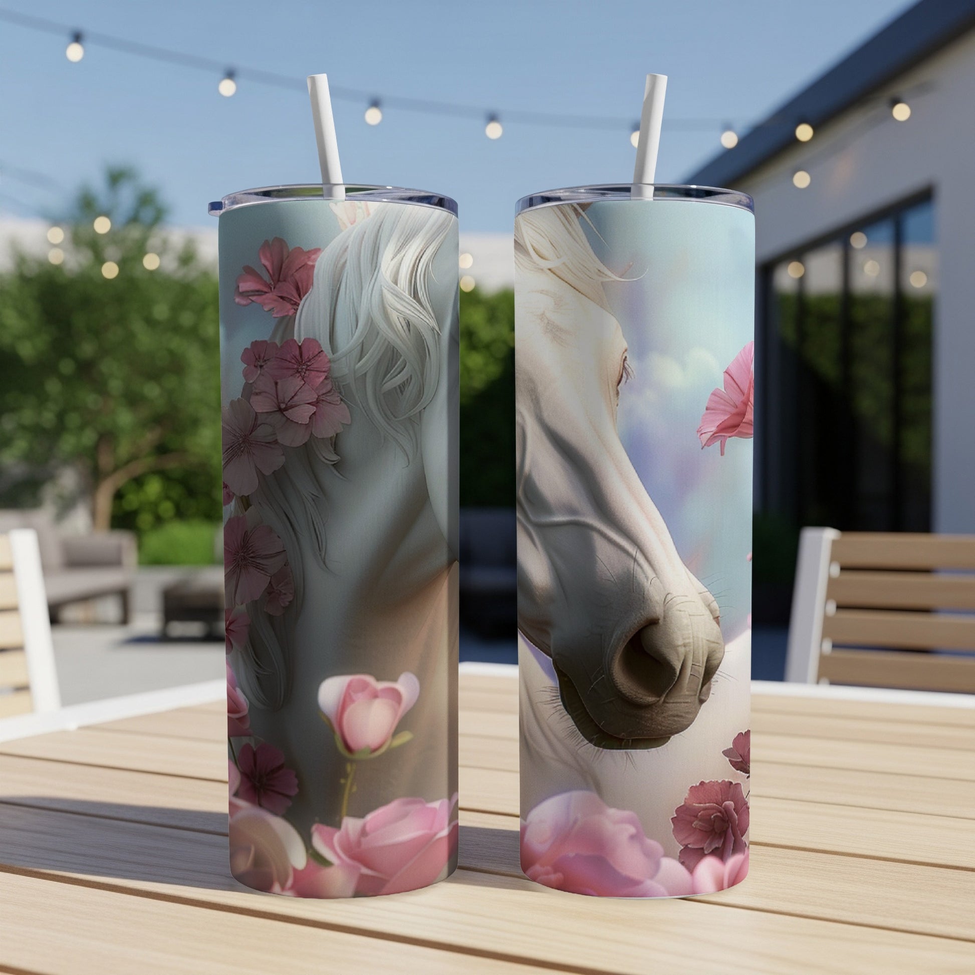 White horse with pink flowers graphic on two tumblers with straws.