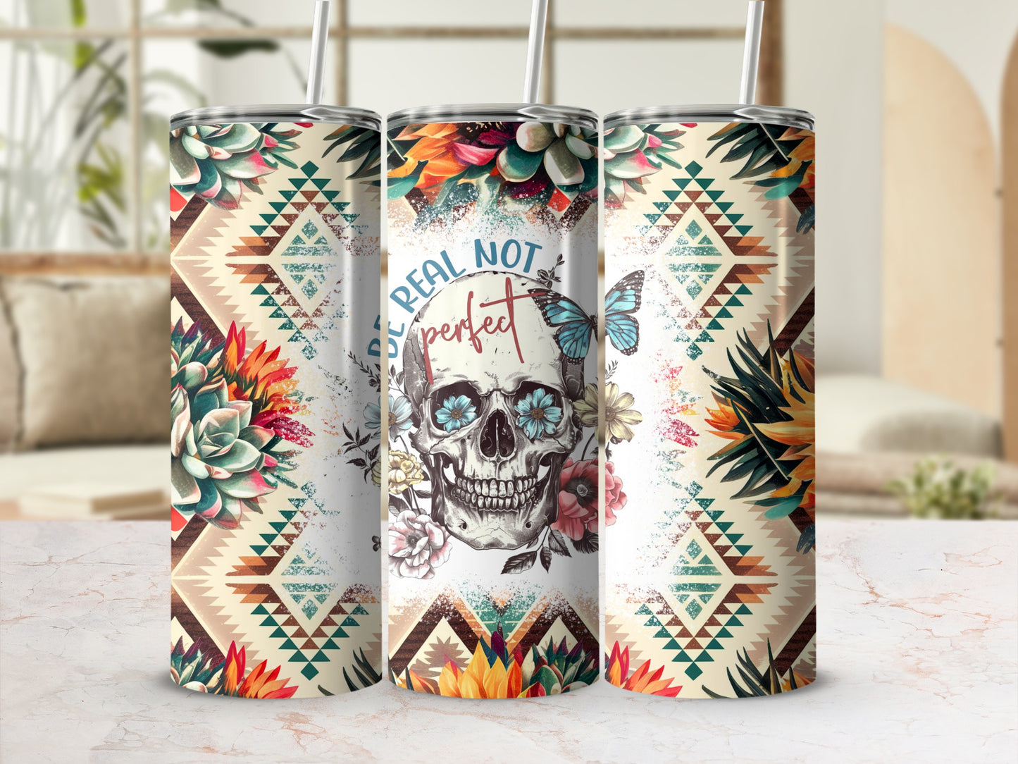 Floral Geometric Skull Design Tumbler Stainless Steel