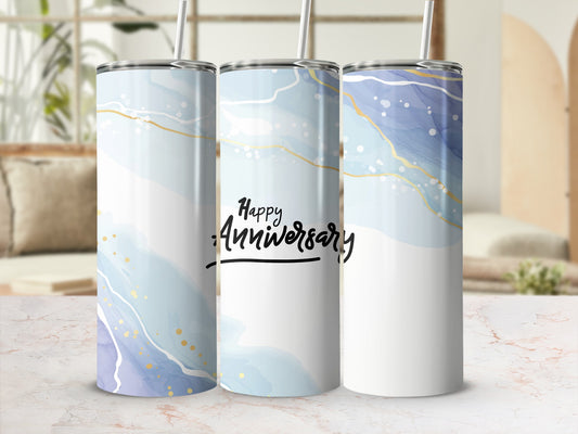 Happy Anniversary tumbler with abstract blue and gold watercolor design.