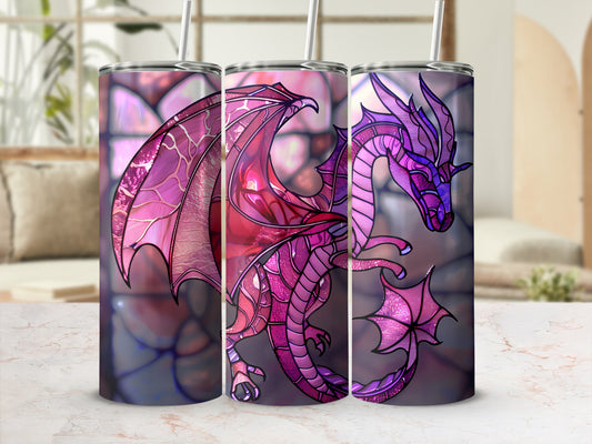 Stained glass dragon tumbler with pink and purple wings.