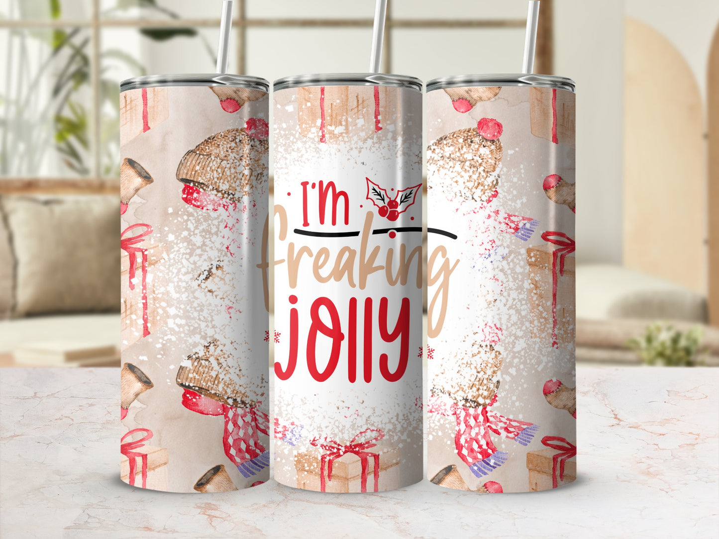 Tall tumbler with "I'm Freaking Jolly" text and holiday graphics.
