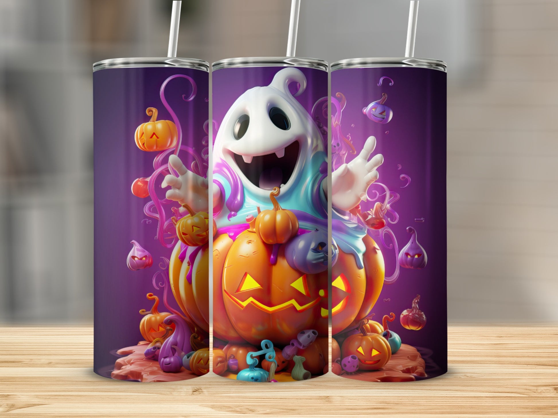Halloween tumbler with a cute ghost on a pumpkin and jack-o'-lanterns.