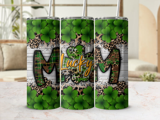 Lucky Mom tumbler with shamrocks and leopard print accents.