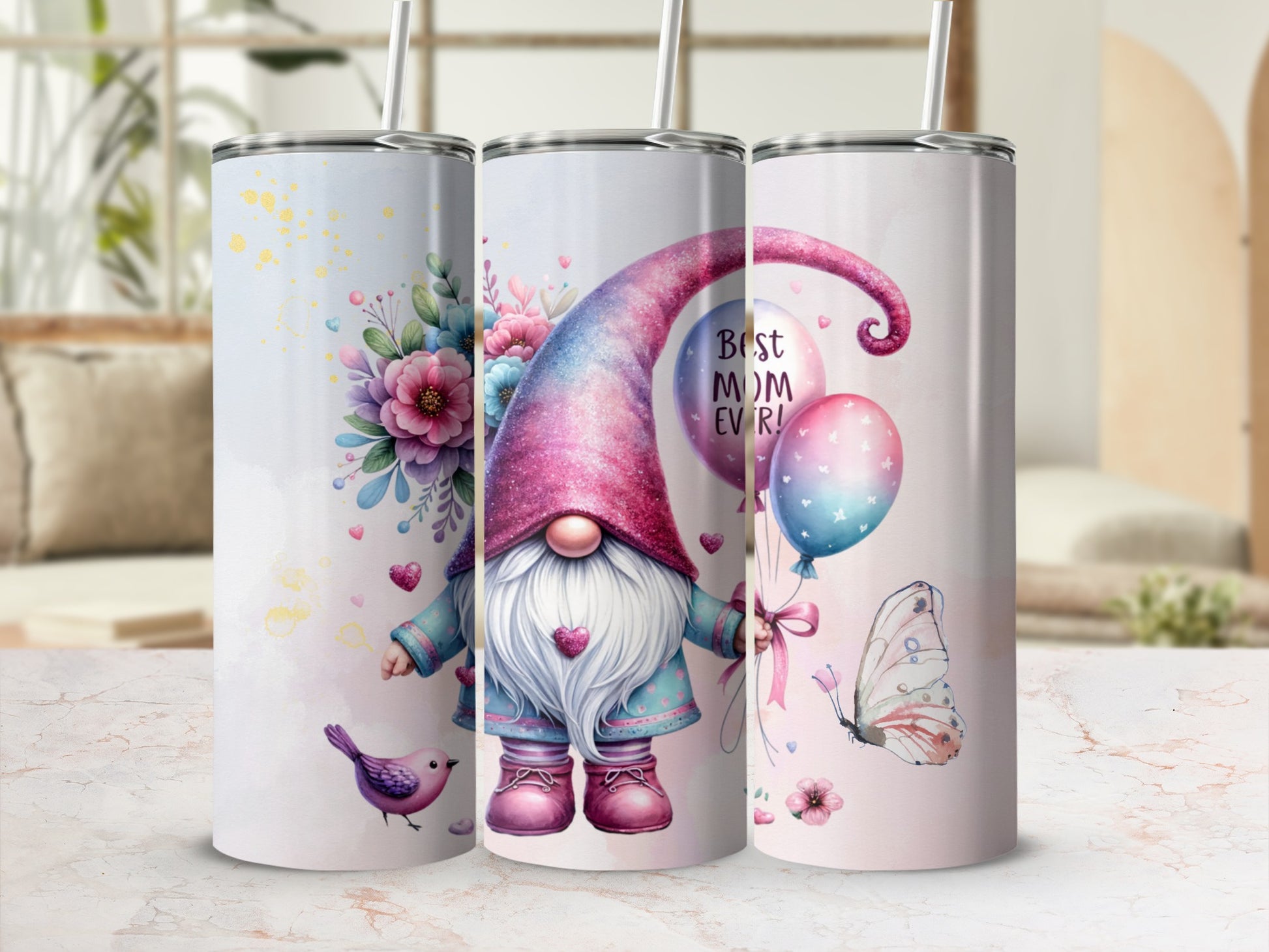 Best Mom Ever Floral Gnome Design Tumbler Cup
