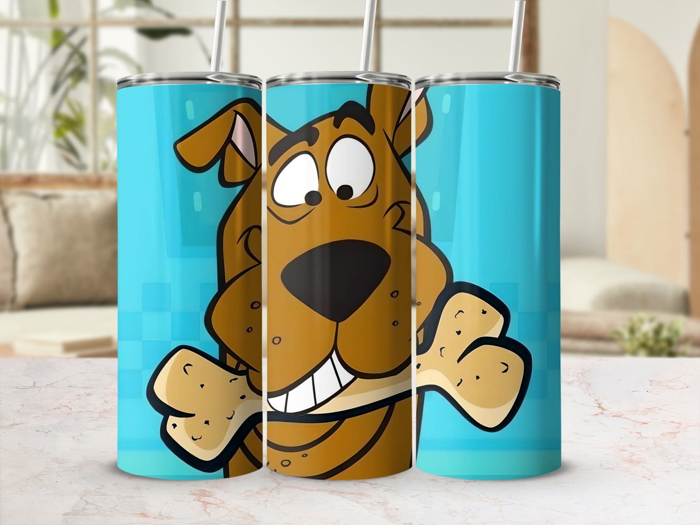 Three tumblers featuring a cartoon Scooby-Doo character holding a bone.