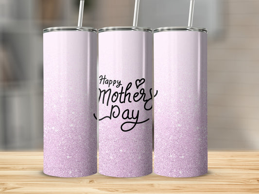 Three tumblers with a pink glitter gradient and "Happy Mother's Day" text.