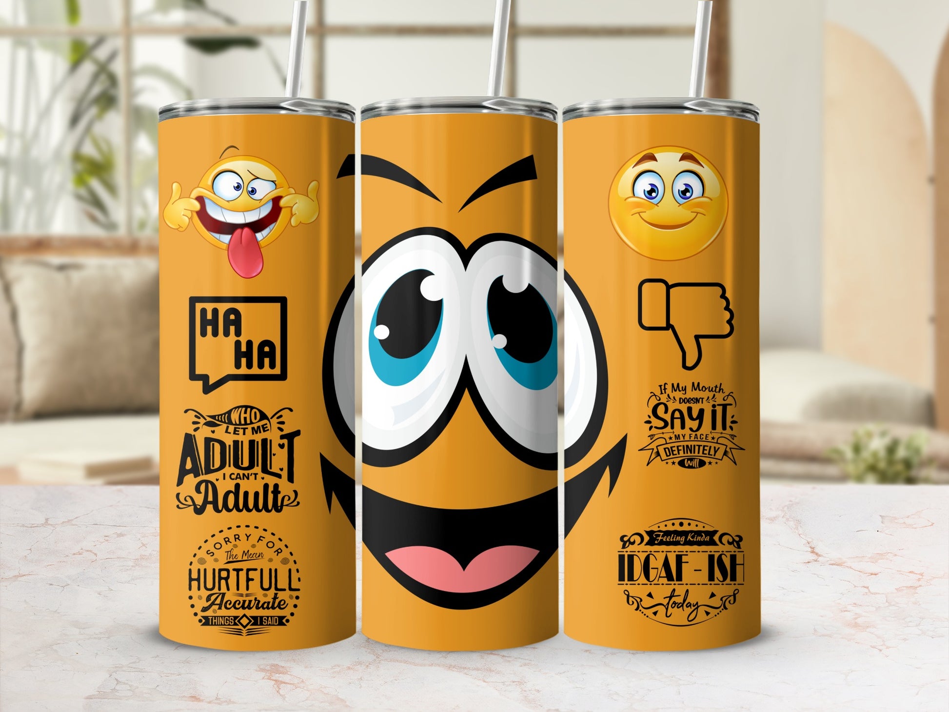 Fun Emoji Tumblers with Humorous Quotes and Faces Set