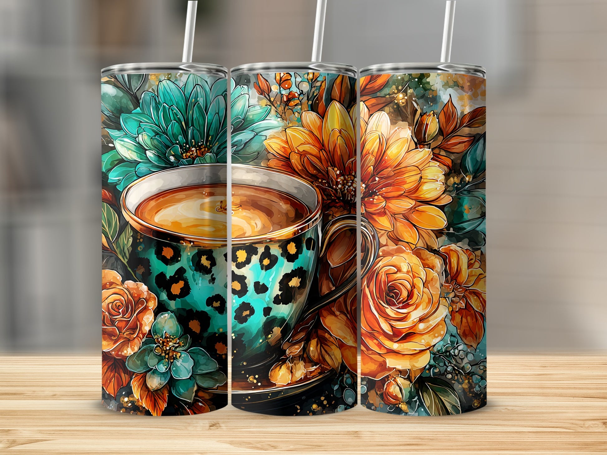 Floral and Leopard Print Coffee Tumbler Set