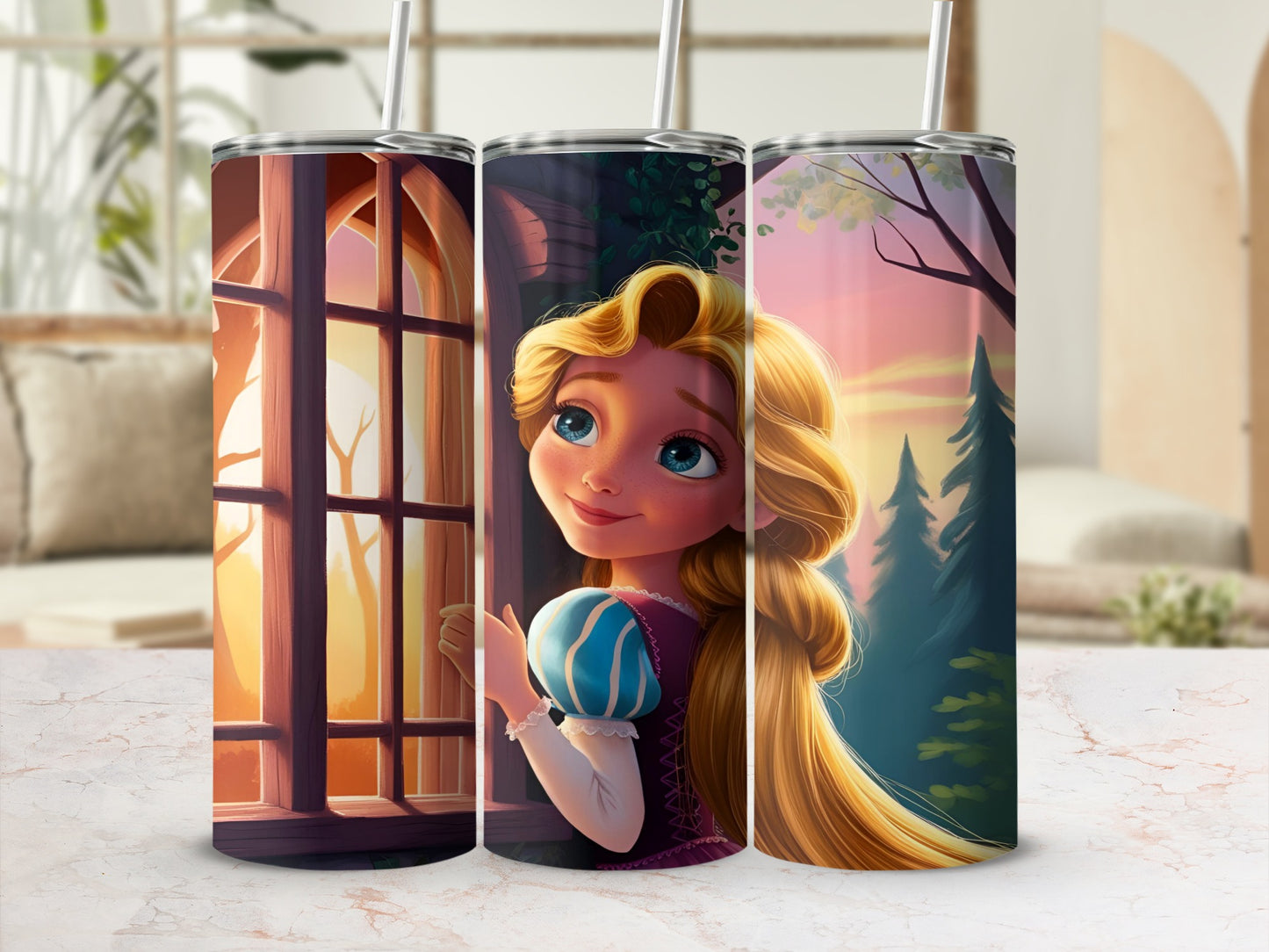 Rapunzel character illustration on three tumblers with sunset forest background.