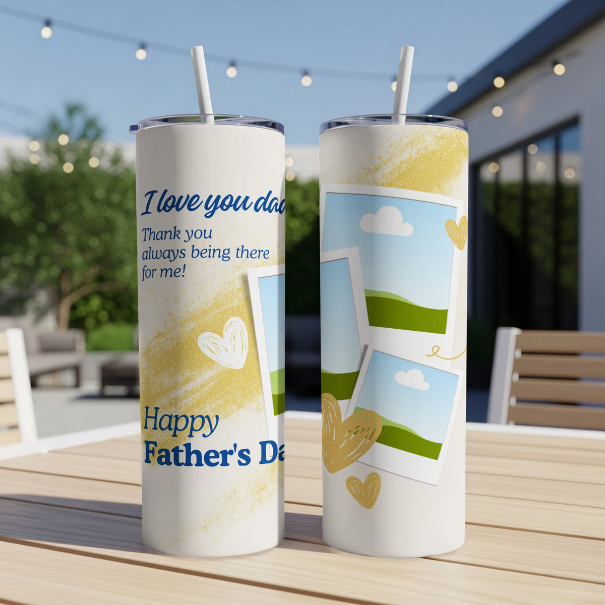 Two white tumblers with blue text "I love you dad" and "Happy Father's Da".