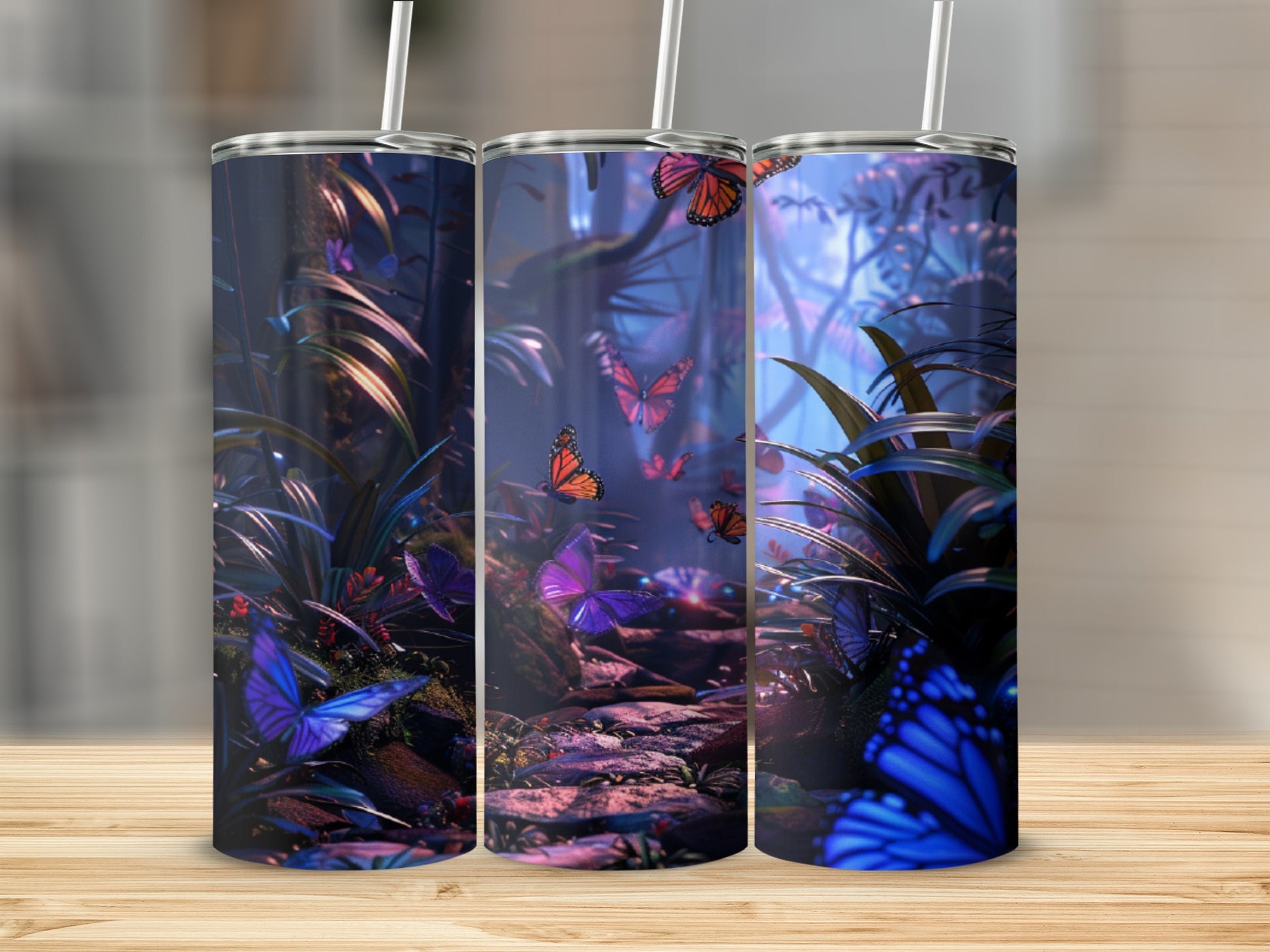Fantasy forest scene with glowing butterflies and lush foliage.