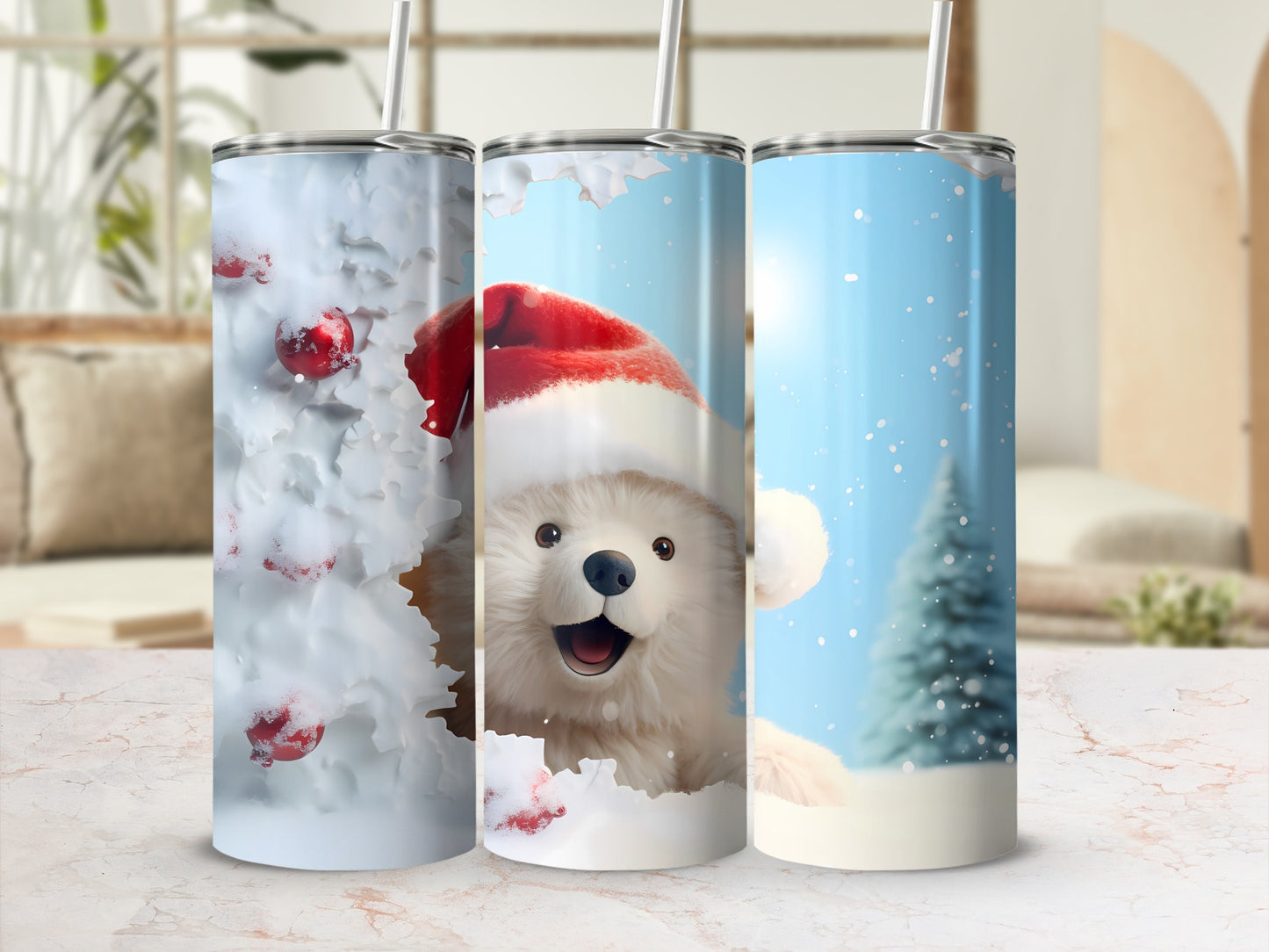 Cute Polar Bear in Santa Hat with Holiday Scenery Tumbler