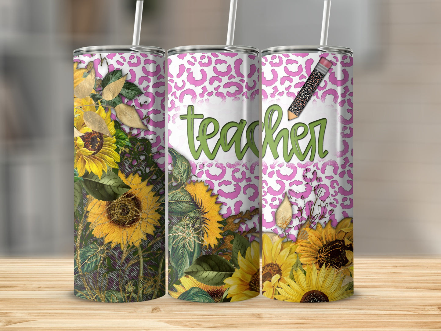 Leopard print tumbler with sunflowers and "Teacher" text.