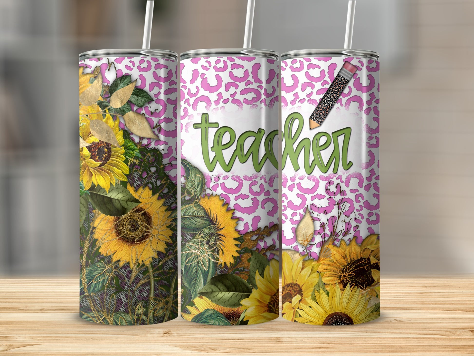 Leopard print tumbler with sunflowers and "Teacher" text.