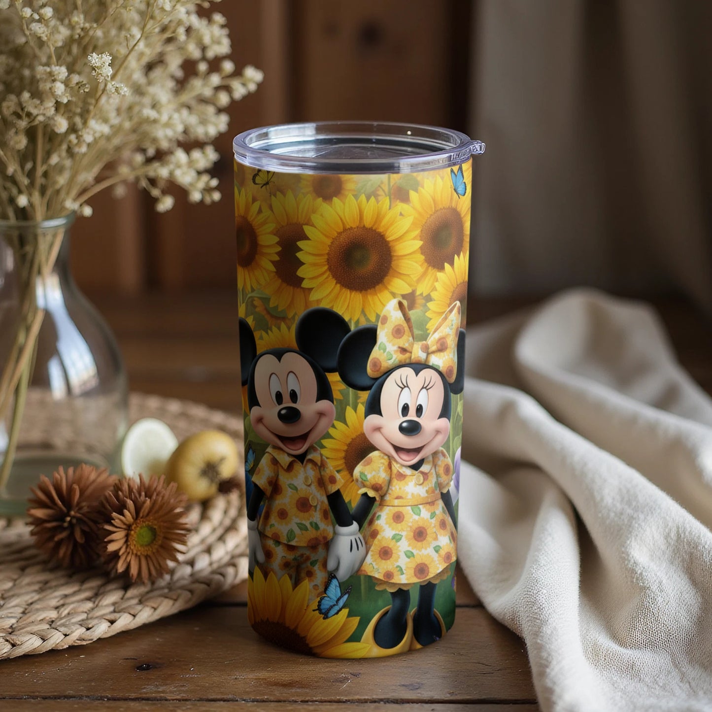 Cute Mickey and Minnie Mouse Sunflower Themed Tumbler
