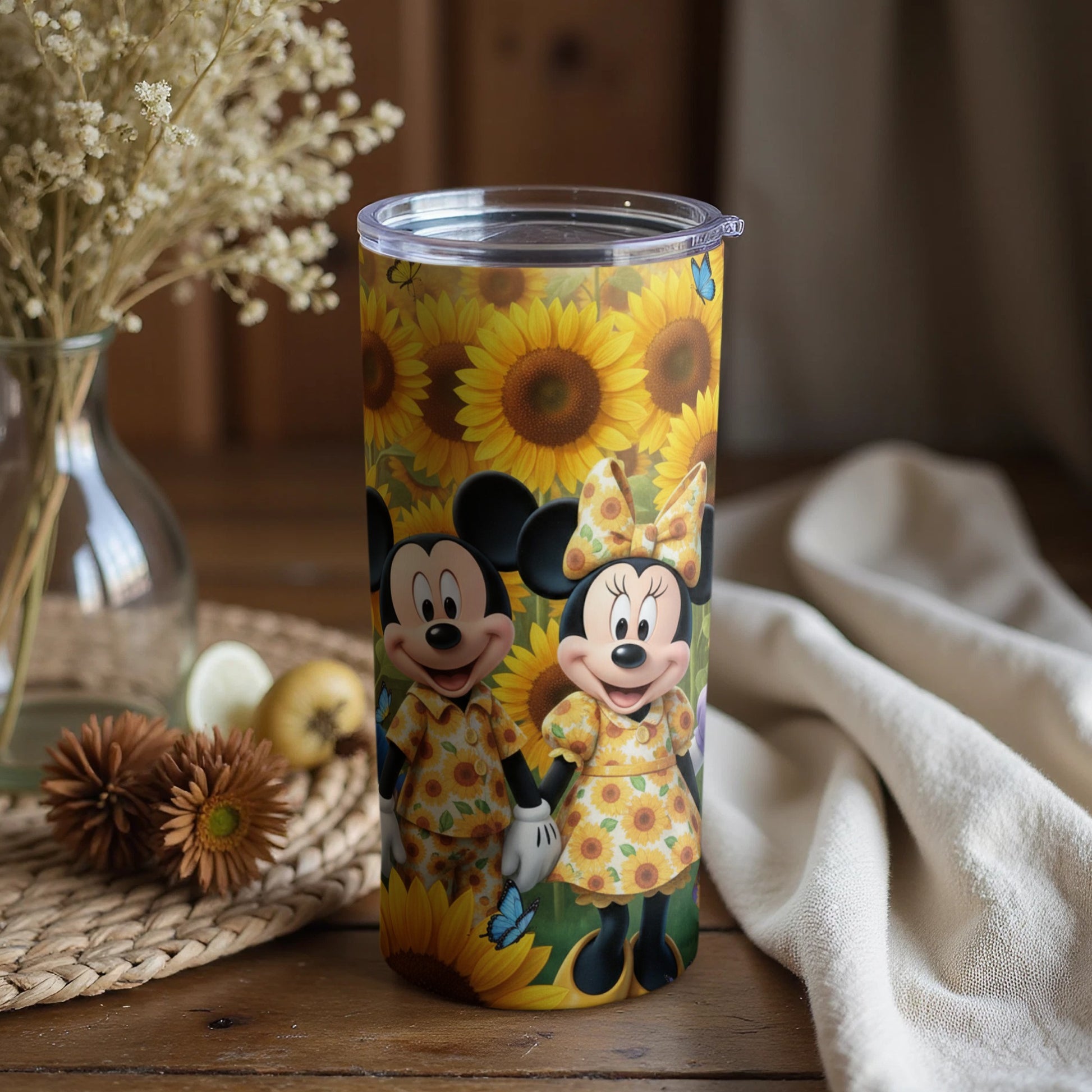 Cute Mickey and Minnie Mouse Sunflower Themed Tumbler