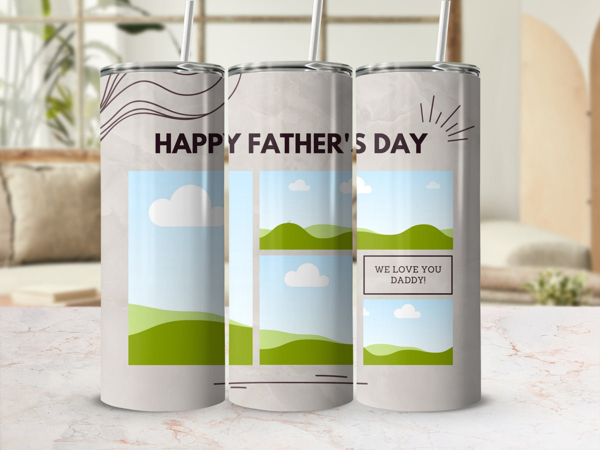 Three tumblers with "HAPPY FATHER'S DAY" and "WE LOVE YOU DADDY!" text.