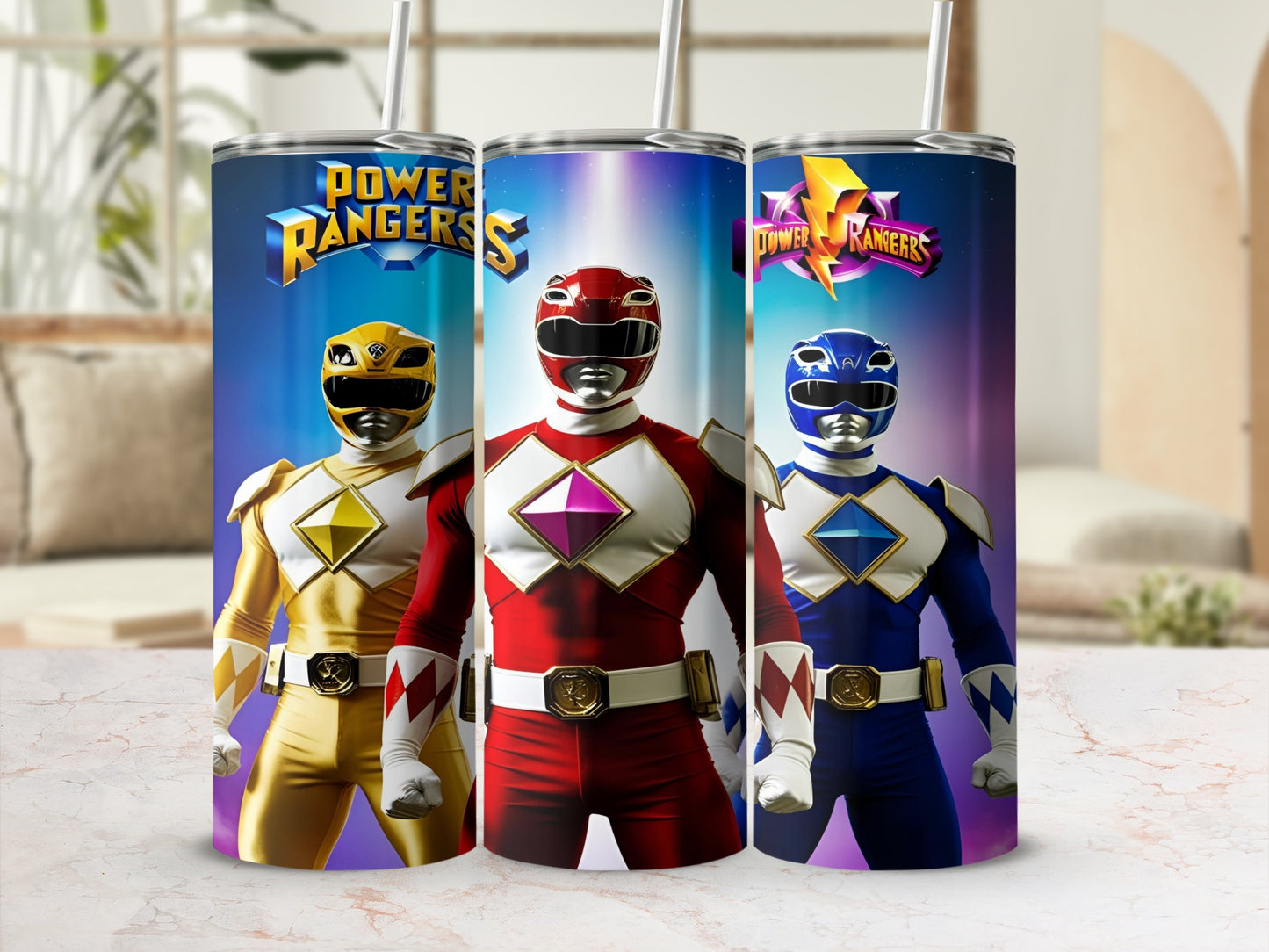 Three Power Rangers tumblers featuring Red, Yellow, and Blue Ranger costumes.