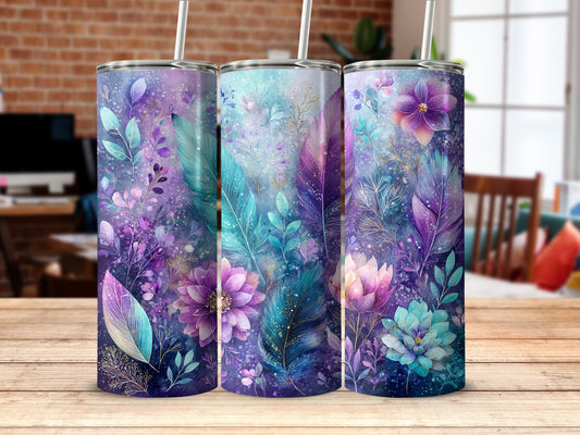 Colorful Floral and Feather Design Tumbler