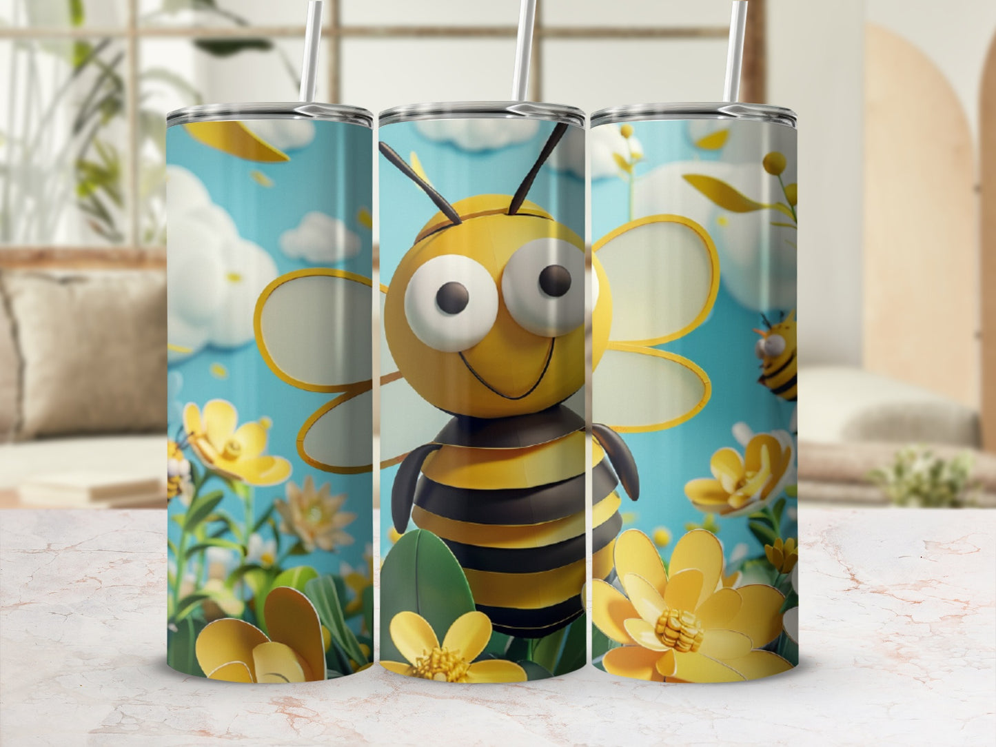 Cartoon bee with flowers and clouds on a skinny tumbler.