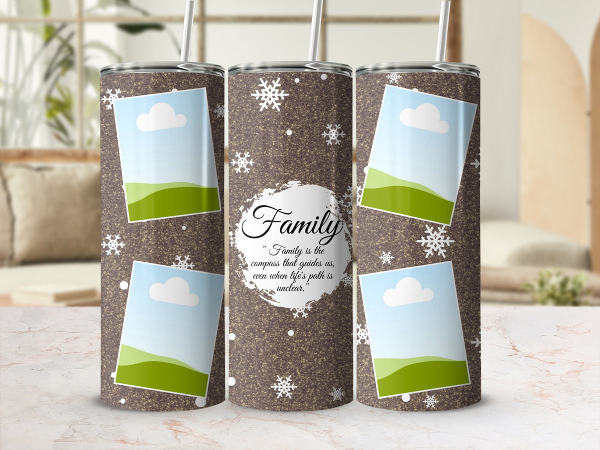 Tumbler with snowflakes and "Family" quote surrounded by photo frames.