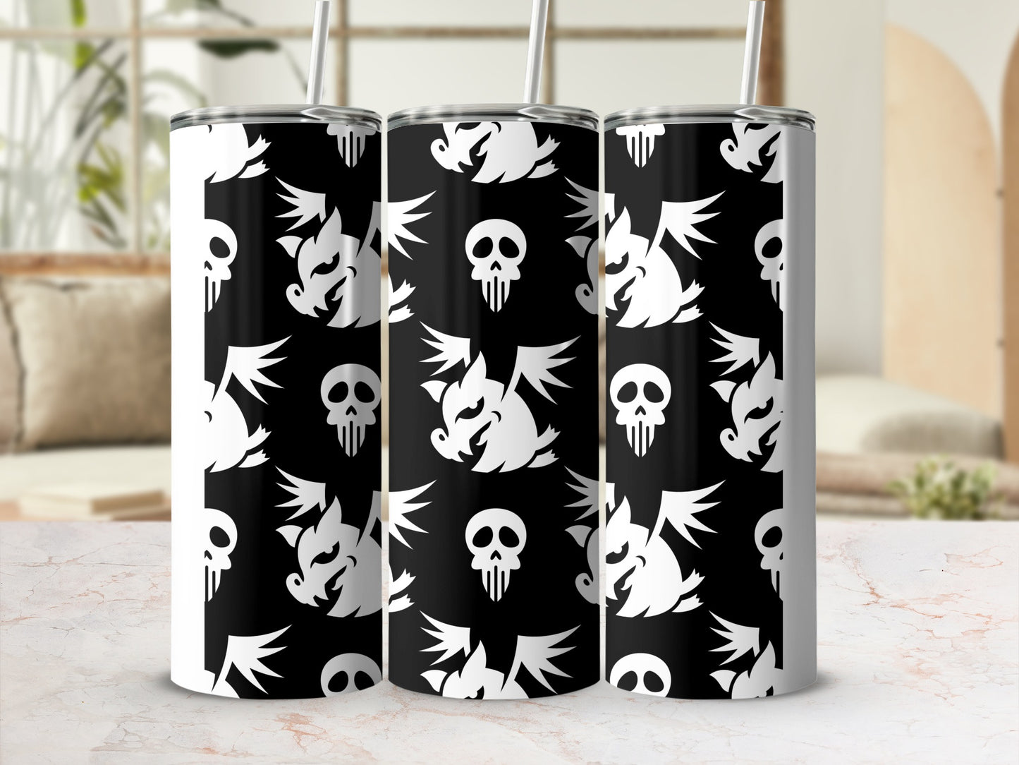 Black White Spooky Skull Winged Monster Tumbler product type
