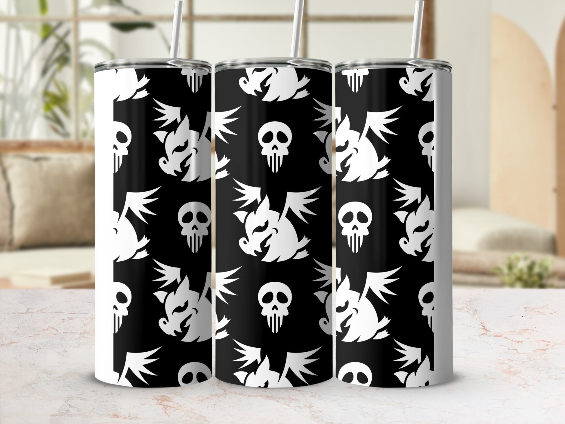 Black White Spooky Skull Winged Monster Tumbler product type