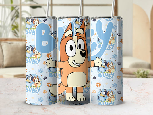 Bluey character tumbler with pattern of Bluey characters and blue paw prints.