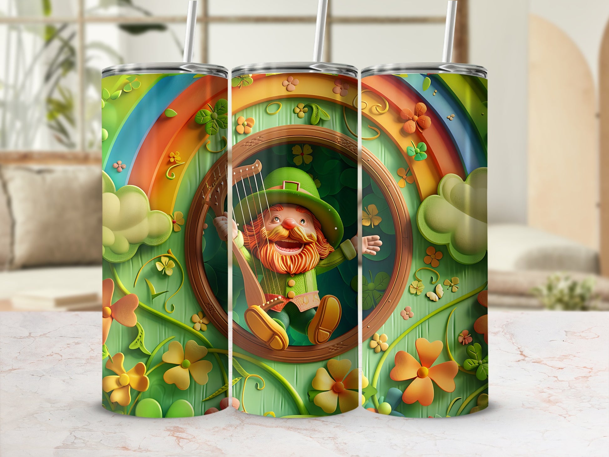 Leprechaun playing a harp in a circular frame with rainbows and clover.