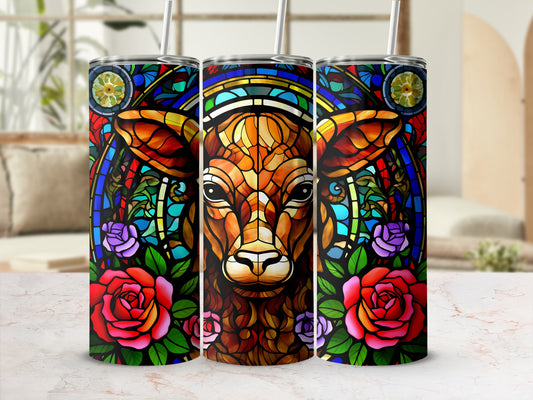 Three tumblers featuring a stained-glass cow with roses and floral accents.