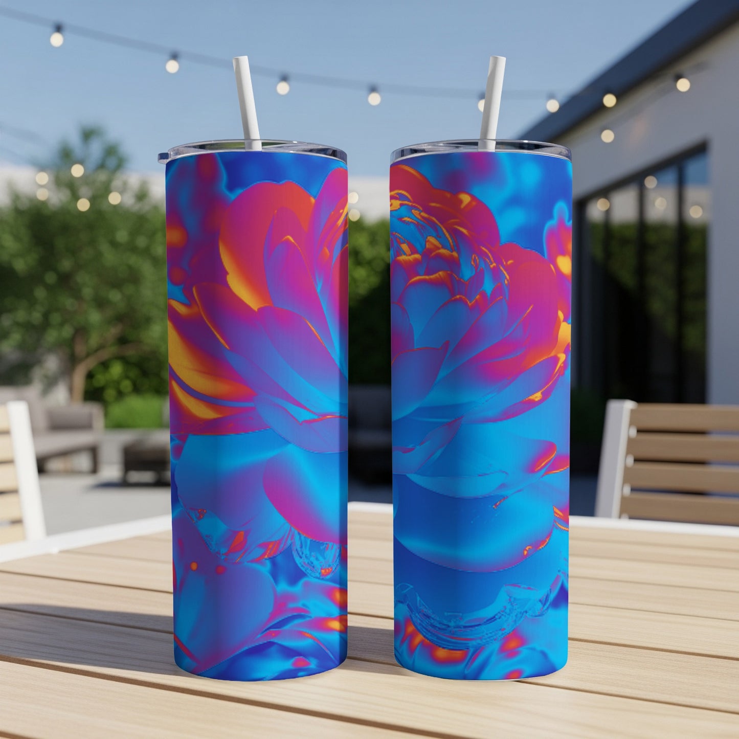 Two blue tumblers with vibrant floral abstract art and straws.