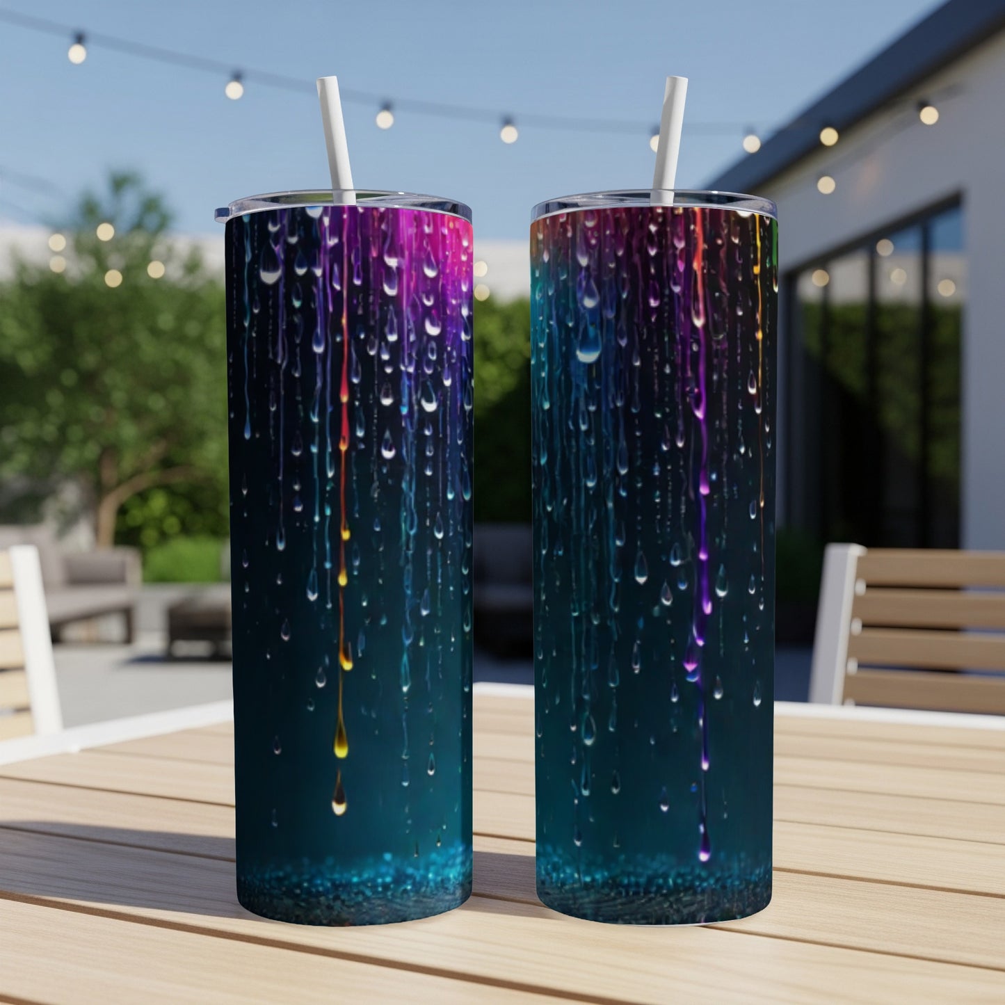 Two tumblers with colorful dripping paint design on a table.