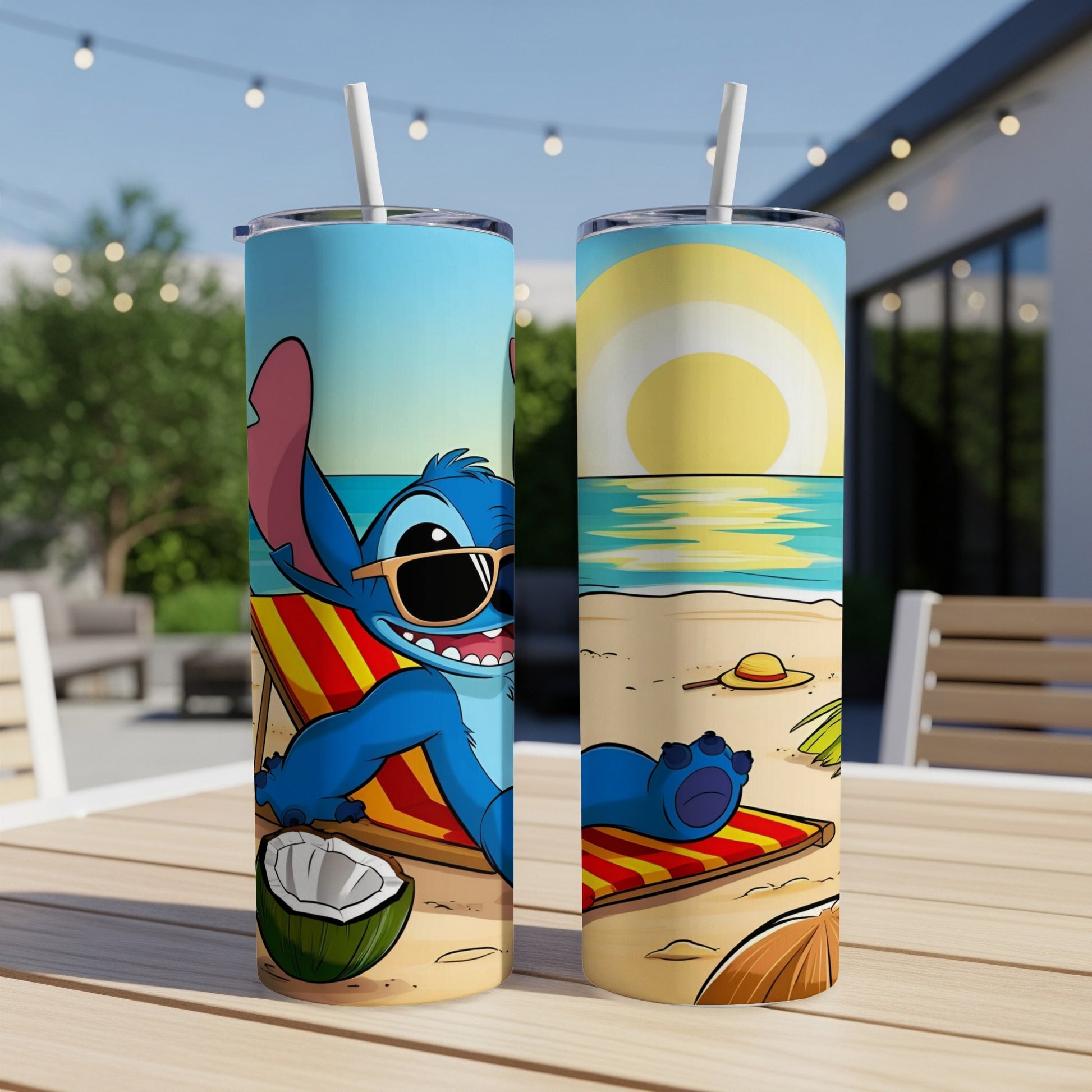 Stitch on beach recliner with sunglasses, beach scene and coconut.