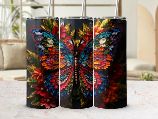 Colorful butterfly and floral design on a black tumbler.