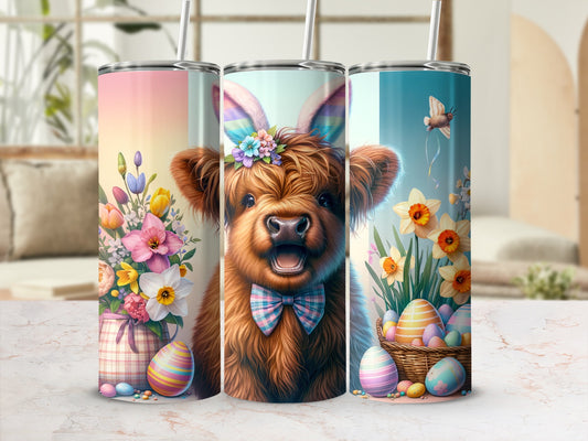 Cow with bunny ears and bow tie holding Easter eggs and flowers.
