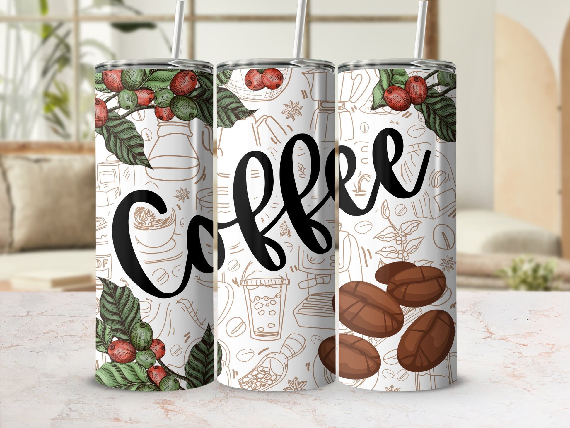 Coffee Themed Tall Skinny Tumblers With Straw