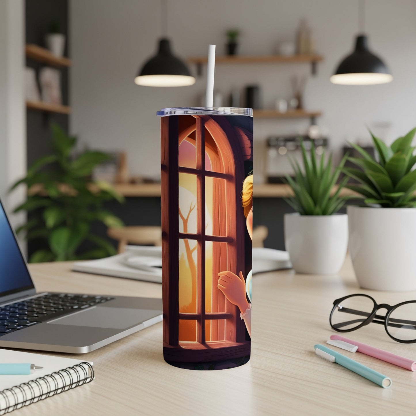 Tumbler featuring a cartoon girl looking out a window at sunset.