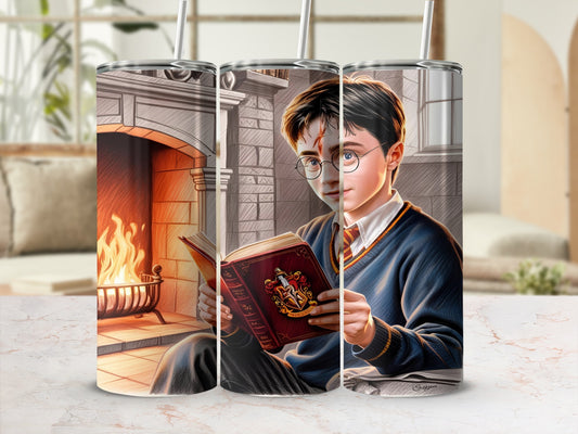 Harry Potter reading a book by a fireplace.