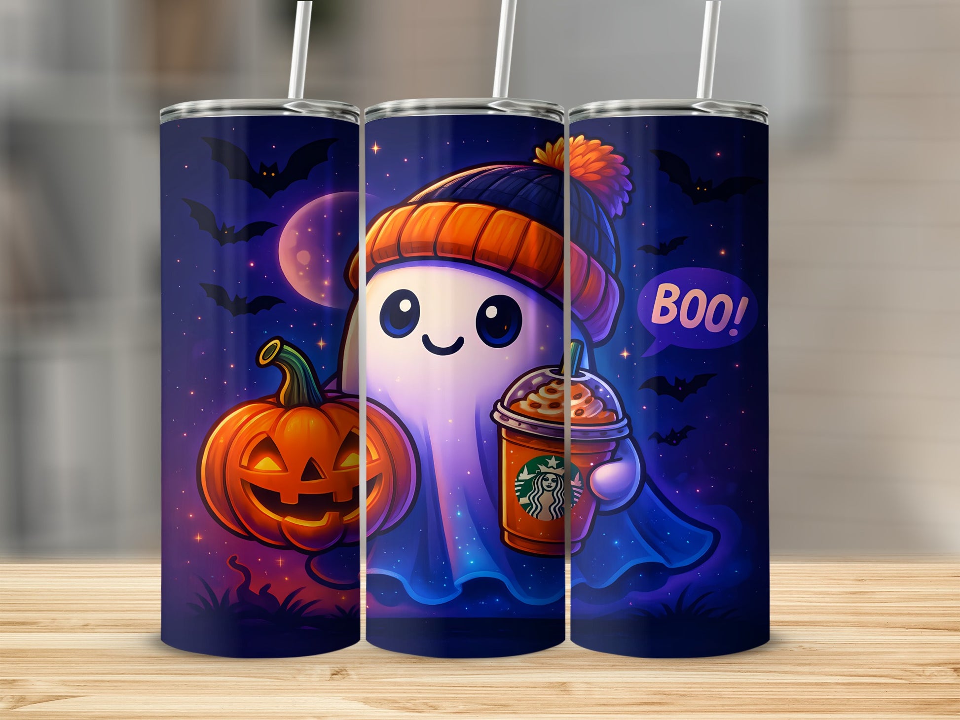 Ghost with pumpkin, coffee cup, and "BOO!" speech bubble on starry night background.