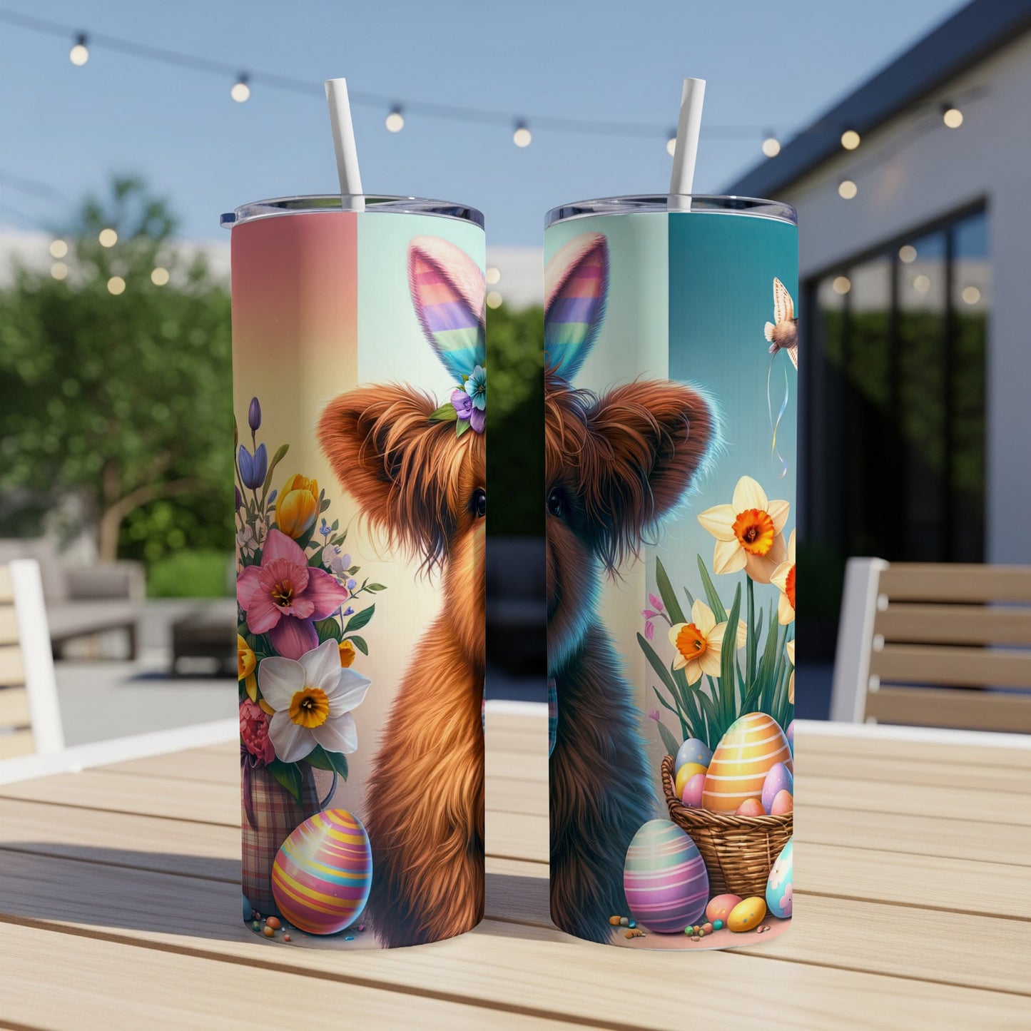 Two Easter-themed tumblers with fluffy cows and colorful eggs on a table.