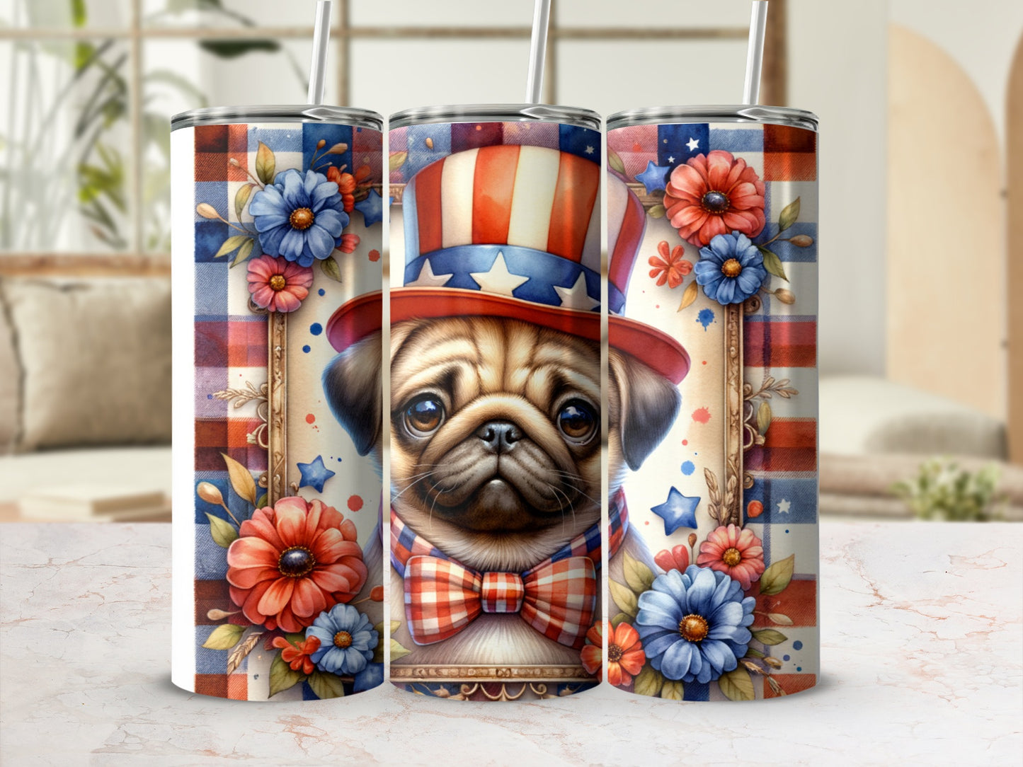 Pug wearing patriotic hat and bowtie, surrounded by flowers.