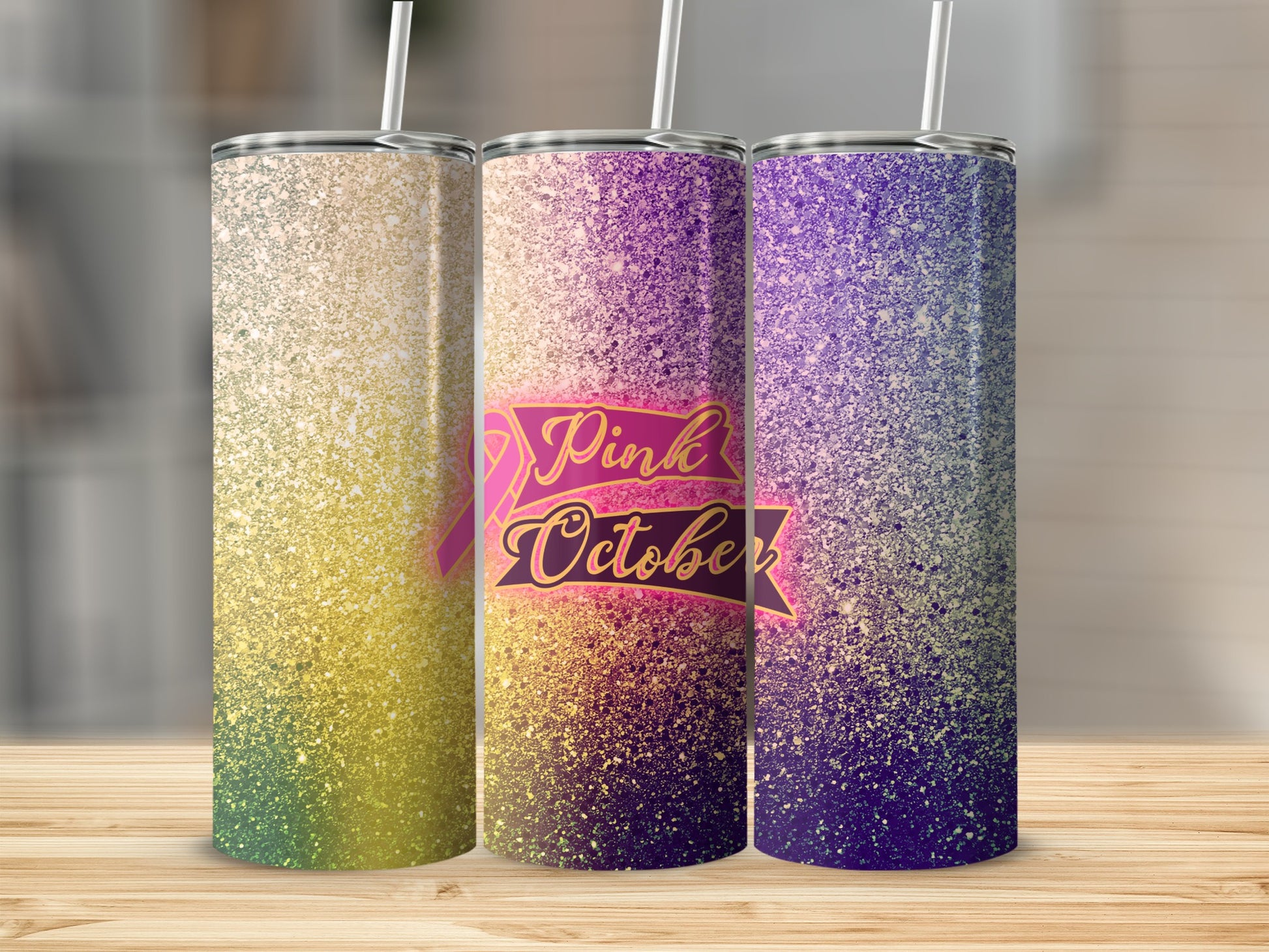 Three glitter-covered tumblers with "Pink October" ribbon design.