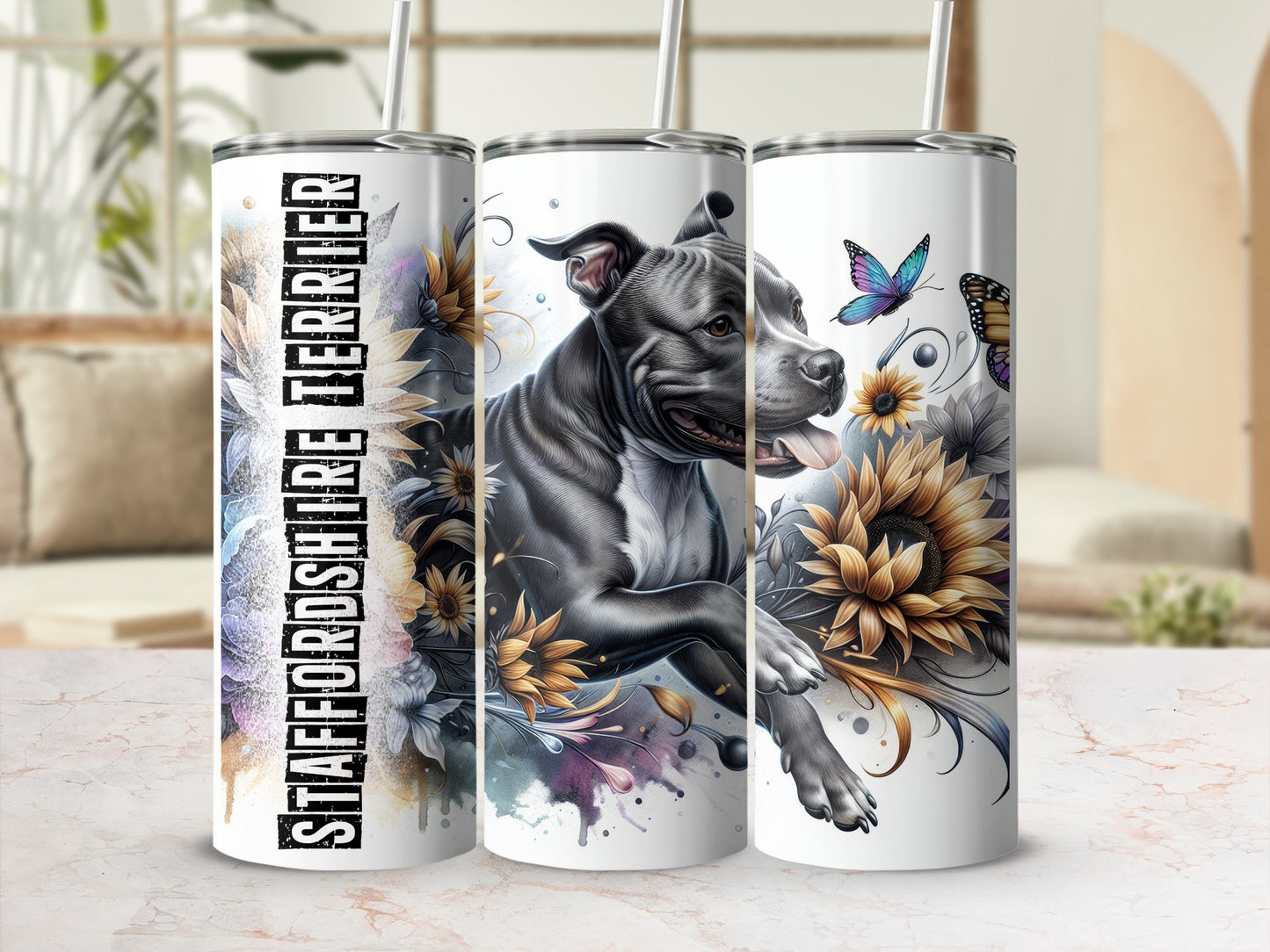 Staffordshire Terrier dog with sunflowers and butterflies on tumblers.
