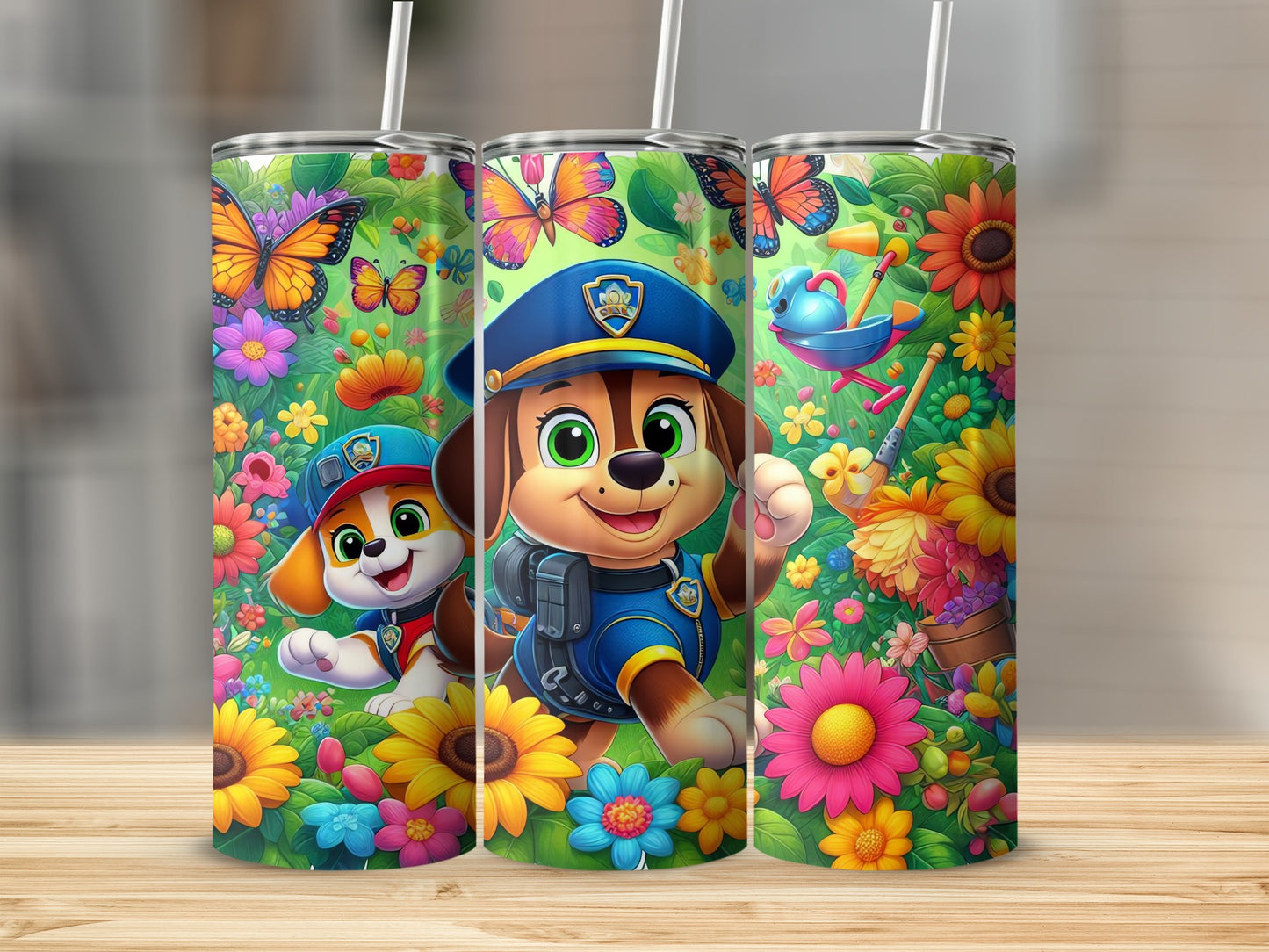 Colorful Floral and Cartoon Dog Graphic Tumbler