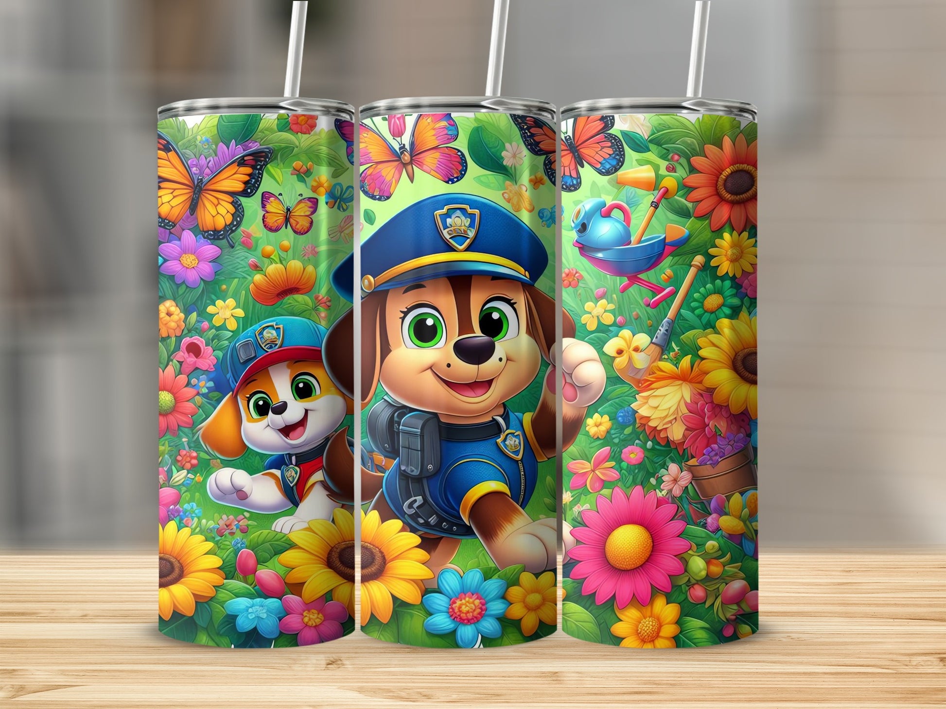 Colorful Floral and Cartoon Dog Graphic Tumbler