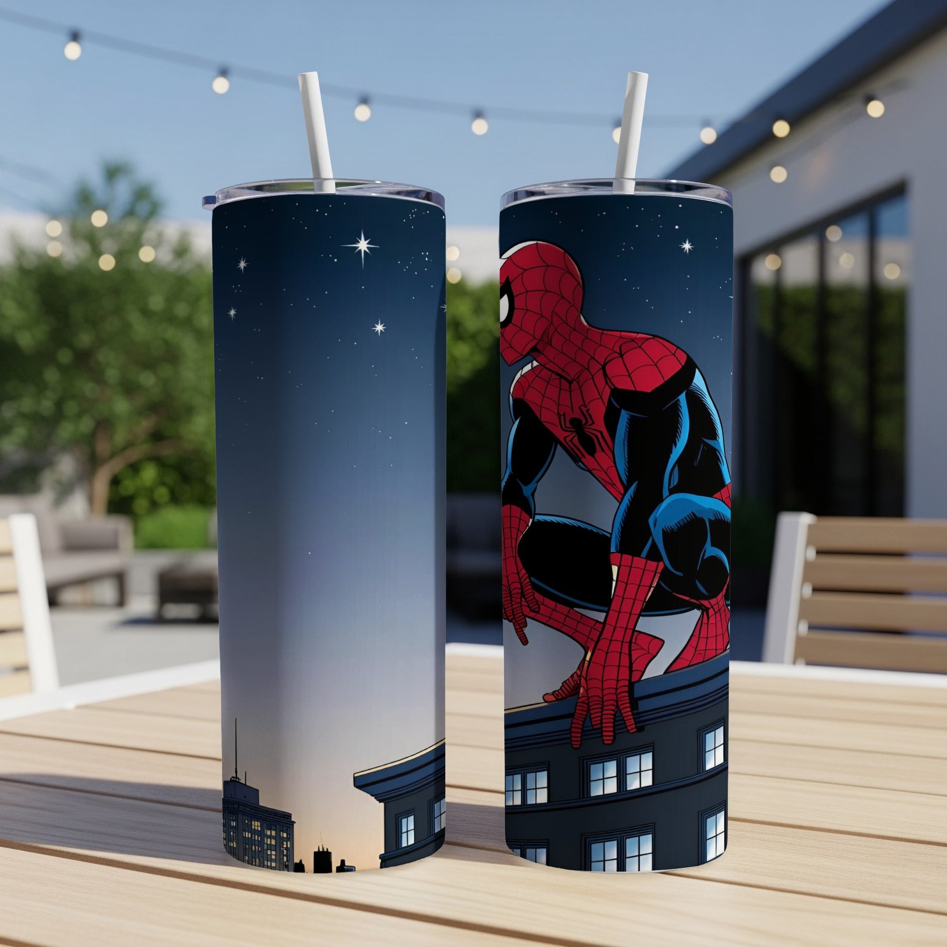 Spider-Man crouches on a building rooftop against a starry night sky.
