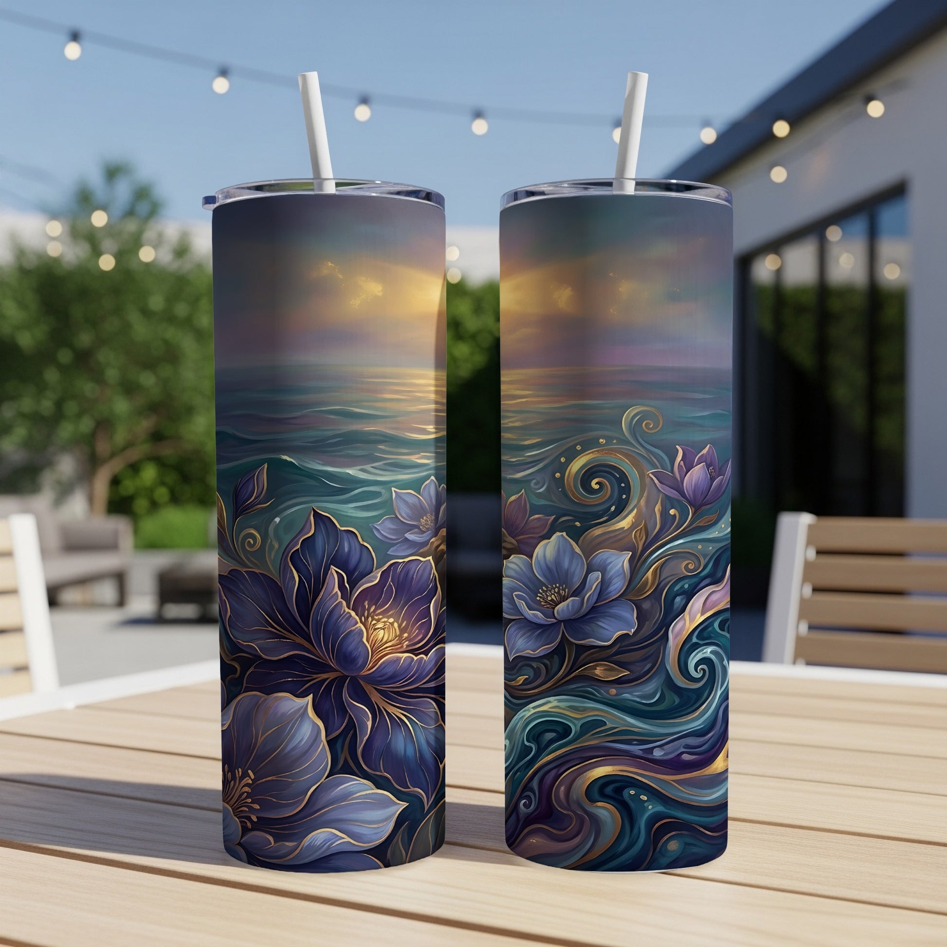 Two tumblers with floral and oceanic sunset designs on an outdoor table.