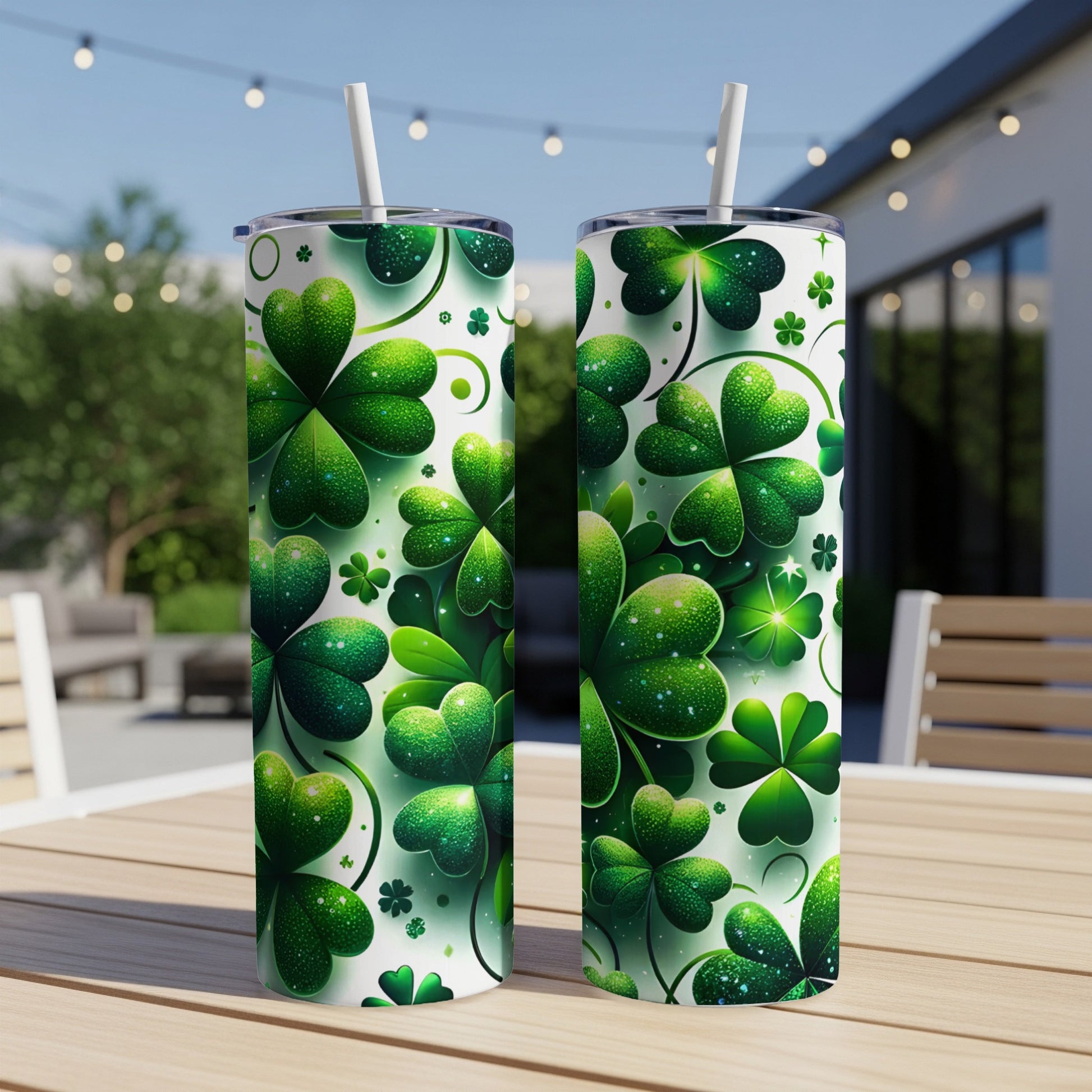 Two tumblers with a pattern of sparkling green shamrocks and clover leaves.