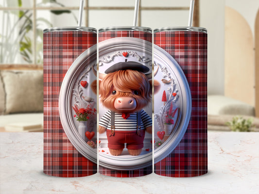 Highland cow wearing overalls and beret in a decorative frame with plaid background.